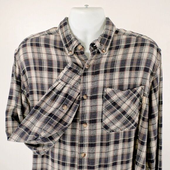 Woolrich Plaid‎ Blue Tan Large Flannel Cotton Button Down Long Sleeve Pocket - Picture 1 of 12
